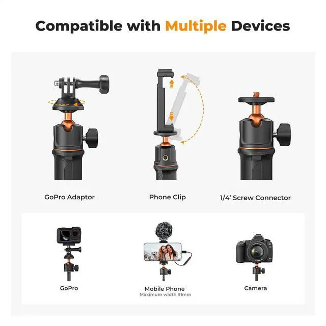 Alt view image 2 of 7 - K&F CONCEPT Selfie Stick Tripod, 60cm/23.6" Extendable Ball Head Vlog Selfie Stick Handle for GoPro Hero 13/12/11 Max2 DJI Osmo 360 Pocket 3 Action 5 Pro iPhone 17.