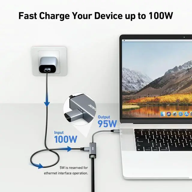 Alt view image 3 of 7 - BENFEI USB-C to Ethernet Gigabit Adapter with 100W Power Delivery, Thunderbolt 3/4 to RJ45 Ethernet LAN Network Adapter Compatible with iPhone 15 Pro/Max, MacBook Pro/Air 2023, iMac