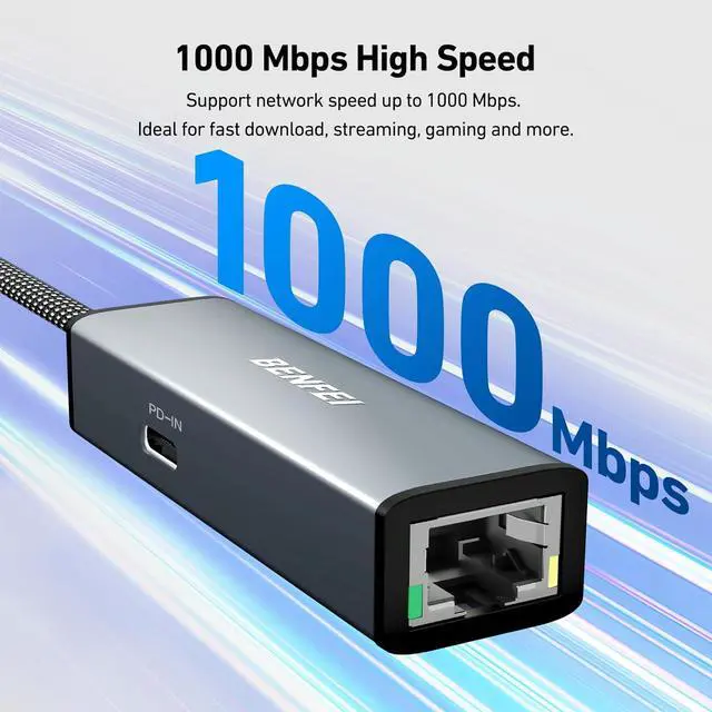 Alt view image 4 of 7 - BENFEI USB-C to Ethernet Gigabit Adapter with 100W Power Delivery, Thunderbolt 3/4 to RJ45 Ethernet LAN Network Adapter Compatible with iPhone 15 Pro/Max, MacBook Pro/Air 2023, iMac