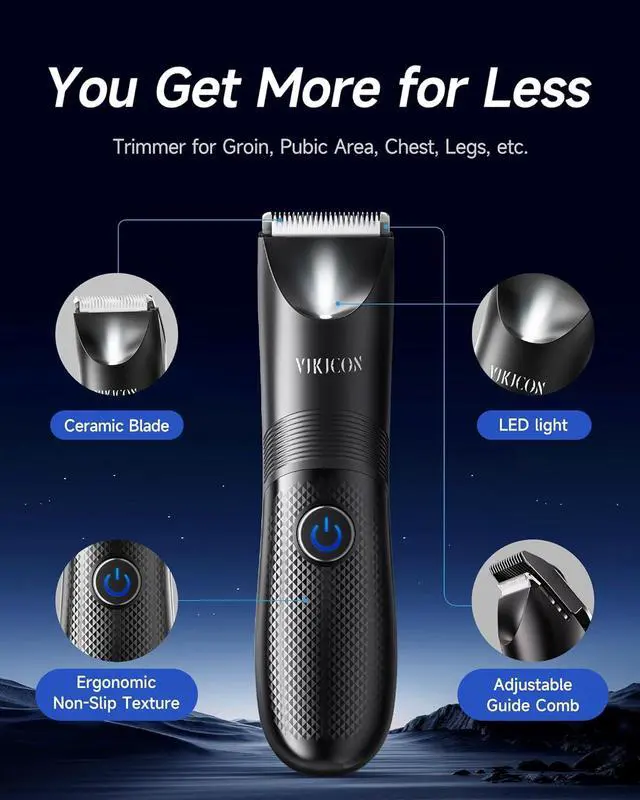 Alt view image 2 of 7 - VIKICON Manscape Trimmer for Men - No Nicks Electric Razor-Shaver for Balls/Pubic/Groin/Legs/Chest Hair Removal w/Light & Ceramic Blade, IPX7 Waterproof Body Groomer USB-C Charging, Gifts for Him Dad