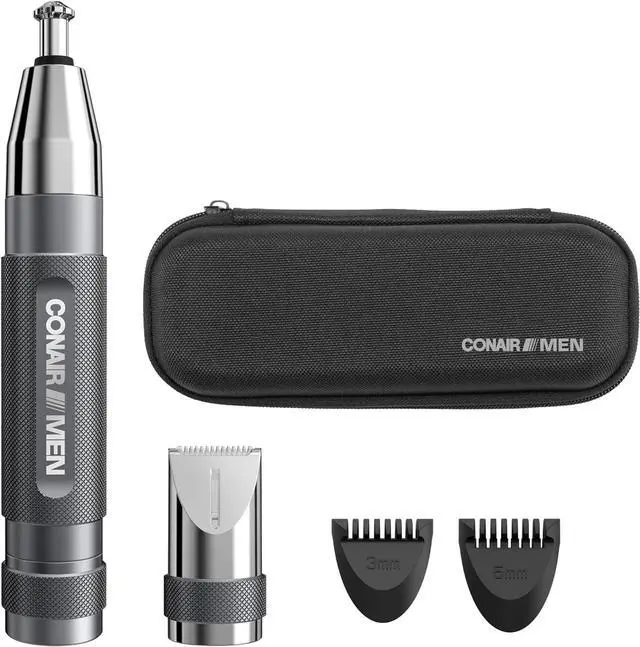 Main image of Conair Men Ear, Nose and Eyebrow Trimmer, Patented 360° Bevel Blade for No Pulls, Nicks or Cuts Guaranteed, Nose Hair Trimmer for Men, Non-Slip Grip, 5-Piece Kit with Travel Case