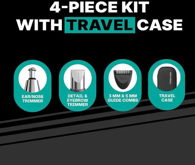 Alt view image 2 of 6 - Conair Men Ear, Nose and Eyebrow Trimmer, Patented 360° Bevel Blade for No Pulls, Nicks or Cuts Guaranteed, Nose Hair Trimmer for Men, Non-Slip Grip, 5-Piece Kit with Travel Case