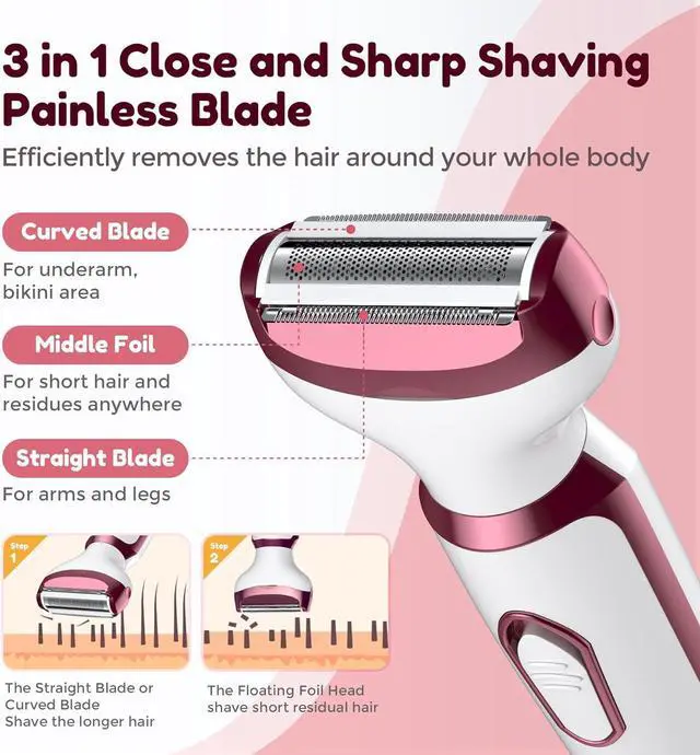 Alt view image 7 of 7 - Electric Razors for Women, 4 in 1 Electric Women Shaver, Hair Removal Epilators for Leg Face Arm Bikini Armpit Pubic Hair, Cordless Rechargeable Portable Women's Bikini Trimmers, White