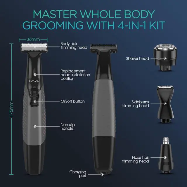 Alt view image 6 of 7 - VOYOR Beard Trimmer for Men Electric Razor, Nose Face Body Hair Trimmer with Adjustable Length Combs All in 1 Rechargeable Mens Grooming Kit Cordless Electric Shaver Wet/Dry TX510 (Grey)