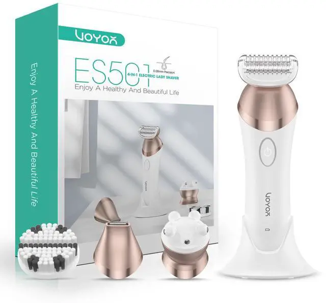 Main image of VOYOR Electric Razors for Women 4 in 1 Bikini Trimmer, Foil Shaver for Women 4 Replacement Heads for Body, Pubic Hair Trimmer, Cleansing, Massage 2 Adjustable Speeds Rechargeable Shaver ES501 (Gold)