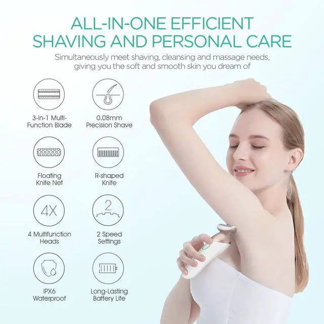 Alt view image 2 of 6 - VOYOR Electric Razors for Women 4 in 1 Bikini Trimmer, Foil Shaver for Women 4 Replacement Heads for Body, Pubic Hair Trimmer, Cleansing, Massage 2 Adjustable Speeds Rechargeable Shaver ES501 (Gold)