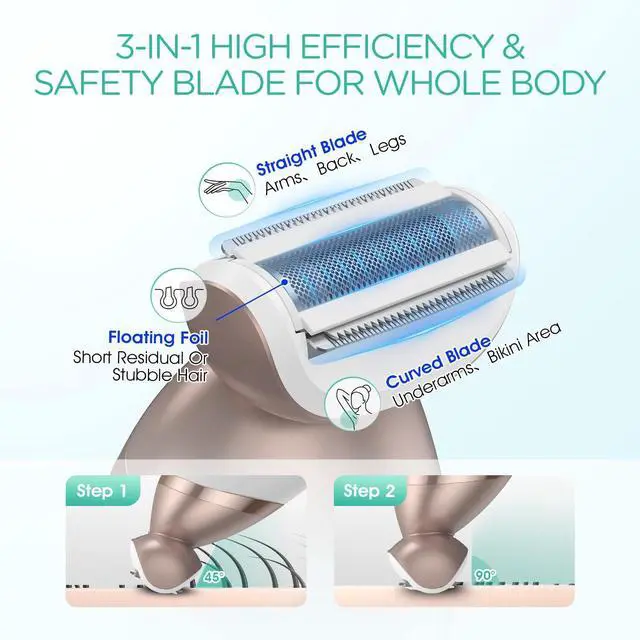 Alt view image 3 of 6 - VOYOR Electric Razors for Women 4 in 1 Bikini Trimmer, Foil Shaver for Women 4 Replacement Heads for Body, Pubic Hair Trimmer, Cleansing, Massage 2 Adjustable Speeds Rechargeable Shaver ES501 (Gold)