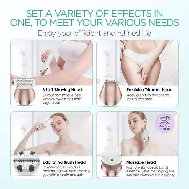 Alt view image 4 of 6 - VOYOR Electric Razors for Women 4 in 1 Bikini Trimmer, Foil Shaver for Women 4 Replacement Heads for Body, Pubic Hair Trimmer, Cleansing, Massage 2 Adjustable Speeds Rechargeable Shaver ES501 (Gold)