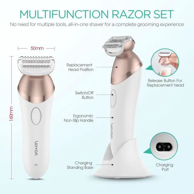 Alt view image 6 of 6 - VOYOR Electric Razors for Women 4 in 1 Bikini Trimmer, Foil Shaver for Women 4 Replacement Heads for Body, Pubic Hair Trimmer, Cleansing, Massage 2 Adjustable Speeds Rechargeable Shaver ES501 (Gold)