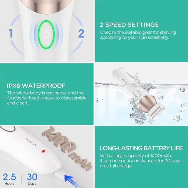 Alt view image 5 of 6 - VOYOR Electric Razors for Women 4 in 1 Bikini Trimmer, Foil Shaver for Women 4 Replacement Heads for Body, Pubic Hair Trimmer, Cleansing, Massage 2 Adjustable Speeds Rechargeable Shaver ES501 (Gold)