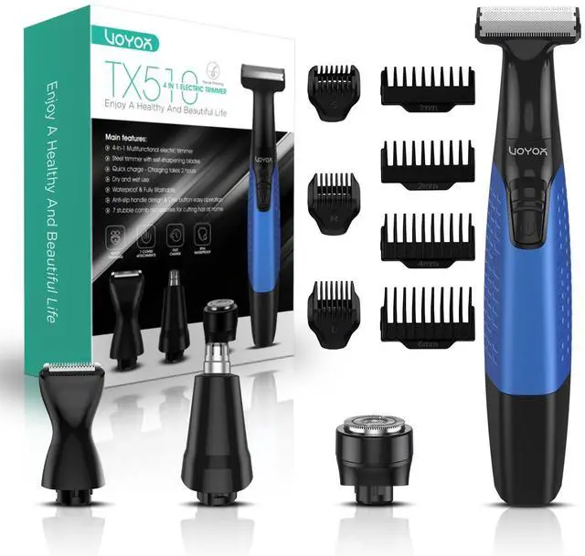 Main image of VOYOR Beard Trimmer for Men Electric Razor, Nose Face Body Hair Trimmer with Adjustable Length Combs All in 1 Rechargeable Mens Grooming Kit Cordless Electric Shaver Wet/Dry TX510 (Blue)