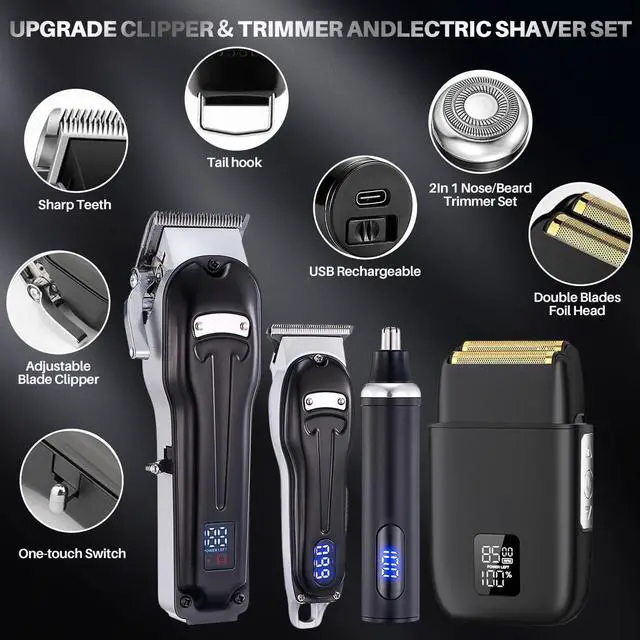 Alt view image 2 of 7 - Roziapro Professional Hair Clippers for Men Zero Gapped T-Blade Trimmer Cordless Nose Hair Trimmer Electric Foil Shaver Rechargeable Hair Grooming Set with LED Display (Black)
