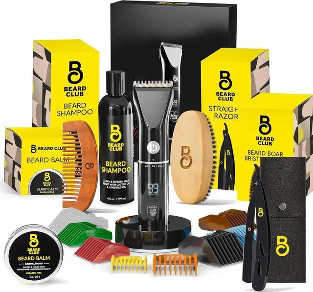Main image of The Beard Club Men's Grooming Kit with Professional Cordless Electric Rechargeable Hair & Mustache/Beard Trimmer, Straight Edge Razor, Shampoo, Balm, Brush & Comb Gift Set