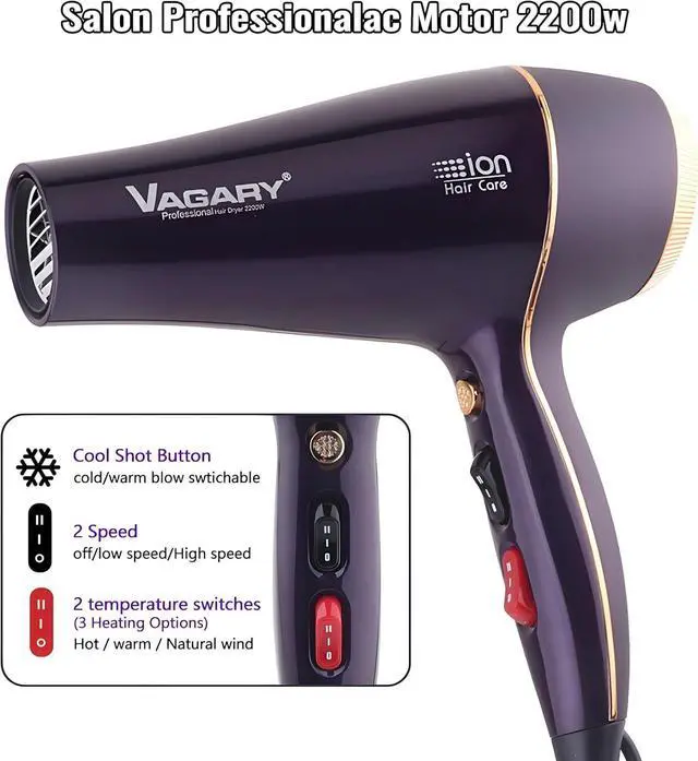 Alt view image 3 of 7 - VAGARY 6690A Salon Pro Hair Dryer for Women,2200w Powerful AC Motor Fast Drying, Ionic Blow Dryer for Thick Hair,2 Speeds and 2 Heat Settings 1 Cool Shot Button(1 Diffuser and 1Concentrator)