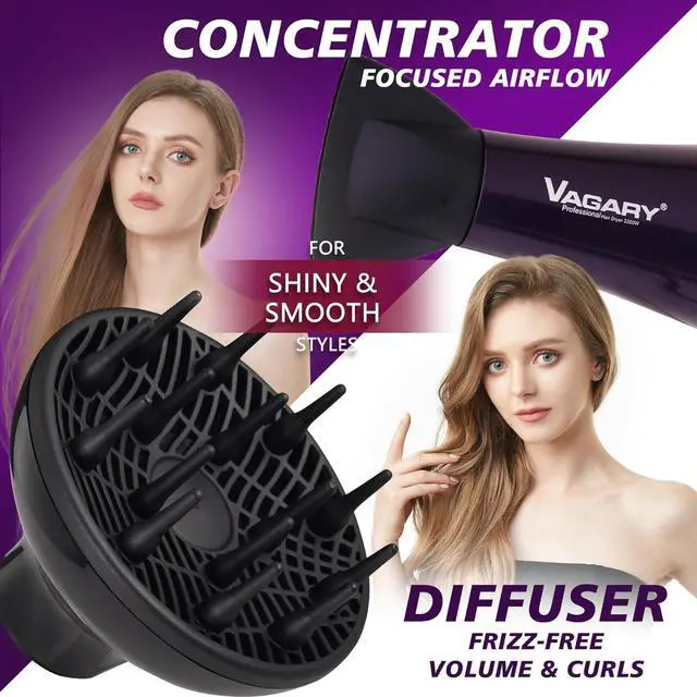 Alt view image 4 of 7 - VAGARY 6690A Salon Pro Hair Dryer for Women,2200w Powerful AC Motor Fast Drying, Ionic Blow Dryer for Thick Hair,2 Speeds and 2 Heat Settings 1 Cool Shot Button(1 Diffuser and 1Concentrator)