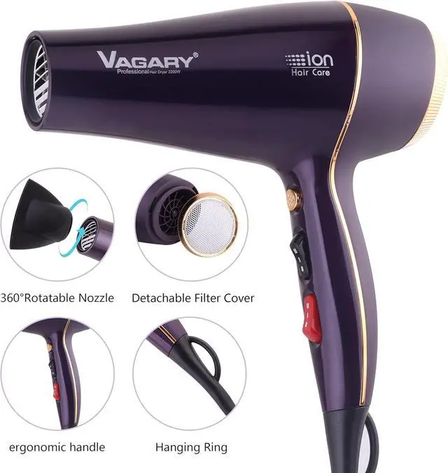 Alt view image 5 of 7 - VAGARY 6690A Salon Pro Hair Dryer for Women,2200w Powerful AC Motor Fast Drying, Ionic Blow Dryer for Thick Hair,2 Speeds and 2 Heat Settings 1 Cool Shot Button(1 Diffuser and 1Concentrator)