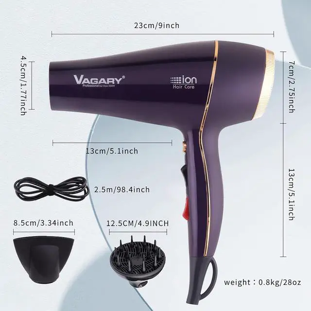 Alt view image 6 of 7 - VAGARY 6690A Salon Pro Hair Dryer for Women,2200w Powerful AC Motor Fast Drying, Ionic Blow Dryer for Thick Hair,2 Speeds and 2 Heat Settings 1 Cool Shot Button(1 Diffuser and 1Concentrator)