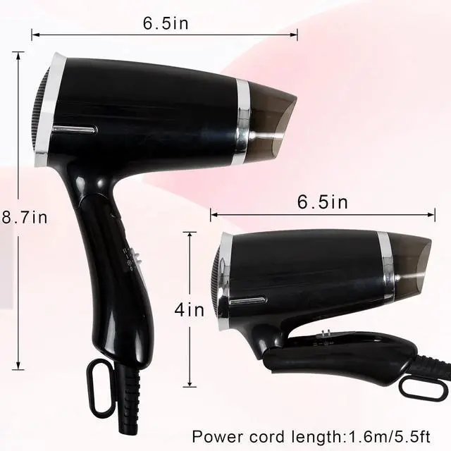Alt view image 2 of 7 - Folding Hair Dryer, Compact Blow Dryer - Portable Professional Hair Dryer with 3 Heat Settings, Low Noise, Tourmaline Ceramic, Lightweight, for Men and Women