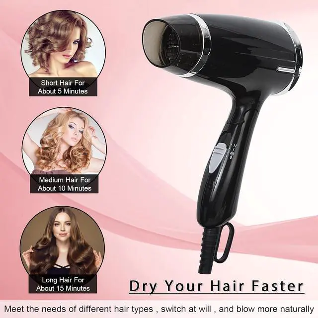 Alt view image 6 of 7 - Folding Hair Dryer, Compact Blow Dryer - Portable Professional Hair Dryer with 3 Heat Settings, Low Noise, Tourmaline Ceramic, Lightweight, for Men and Women