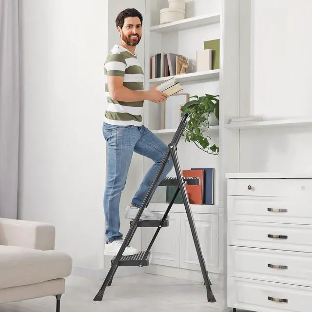 Alt view image 5 of 7 - Sweetcrispy Folding 3 Step Ladder Stool - Lightweight, 800lbs Sturdy, with Anti-Slip Feet - Perfect for Home, Kitchen, and Office Use, Easy Storage and Portable Design
