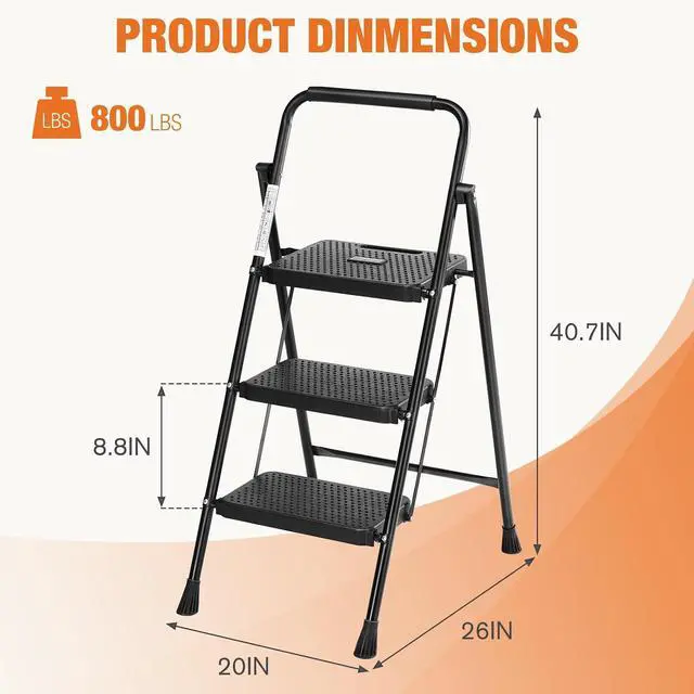 Alt view image 7 of 7 - Sweetcrispy Folding 3 Step Ladder Stool - Lightweight, 800lbs Sturdy, with Anti-Slip Feet - Perfect for Home, Kitchen, and Office Use, Easy Storage and Portable Design