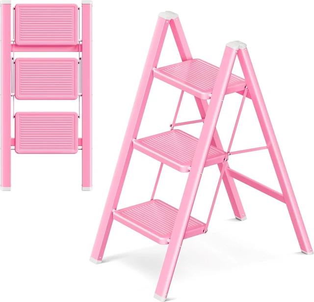 Main image of 3 Step Ladder, Foldable Step Stool with Widened Pedal, Pink