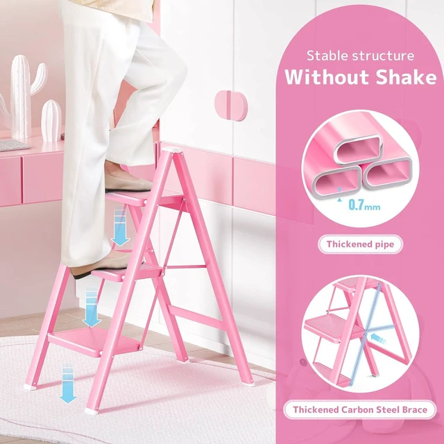 Alt view image 4 of 6 - 3 Step Ladder, Foldable Step Stool with Widened Pedal, Pink