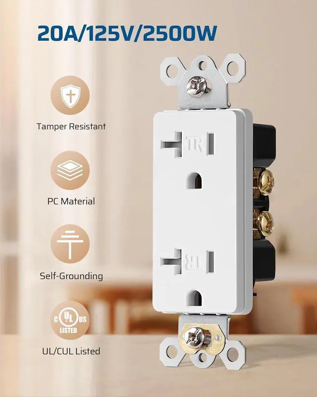 Alt view image 2 of 7 - [10 Pack] DEWENWILS Duplex Receptacle Outlet, Tamper Resistant Electrical Wall Outlets(TR), Residential Grade, 20Amp/125V/2500W, Self-Grounding, 2-Pole, 3-Wire, UL Listed, White