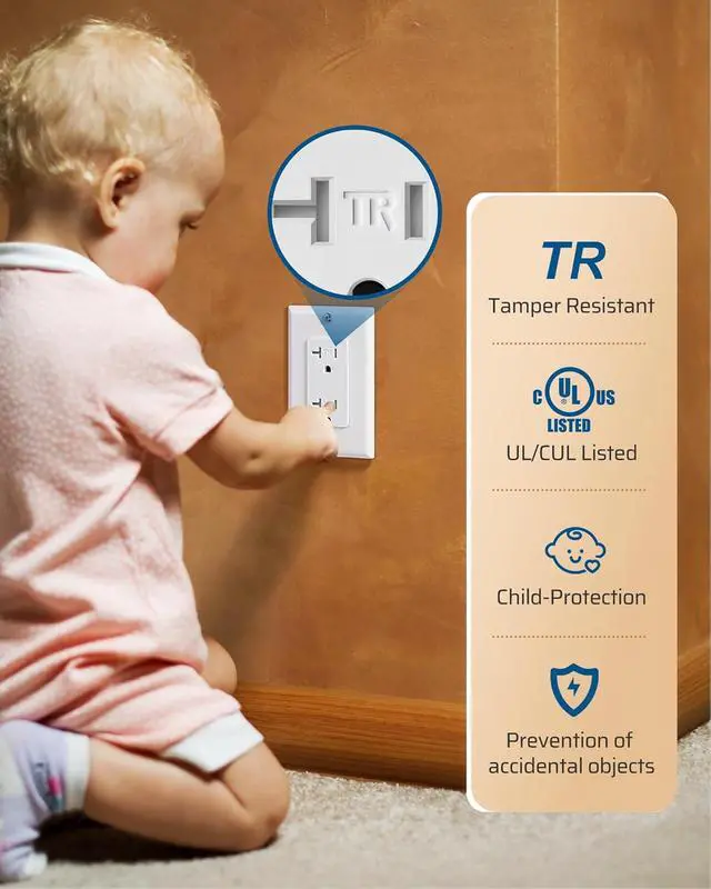 Alt view image 3 of 7 - [10 Pack] DEWENWILS Duplex Receptacle Outlet, Tamper Resistant Electrical Wall Outlets(TR), Residential Grade, 20Amp/125V/2500W, Self-Grounding, 2-Pole, 3-Wire, UL Listed, White