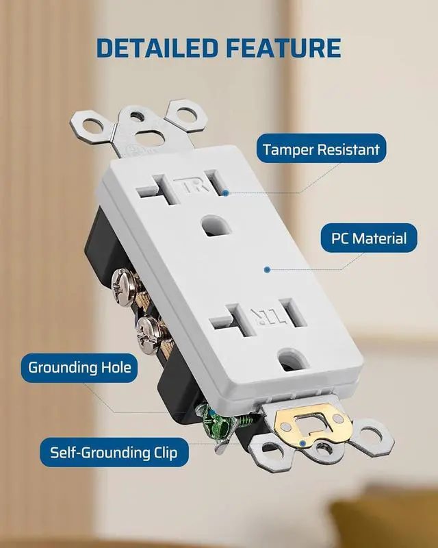 Alt view image 6 of 7 - [10 Pack] DEWENWILS Duplex Receptacle Outlet, Tamper Resistant Electrical Wall Outlets(TR), Residential Grade, 20Amp/125V/2500W, Self-Grounding, 2-Pole, 3-Wire, UL Listed, White