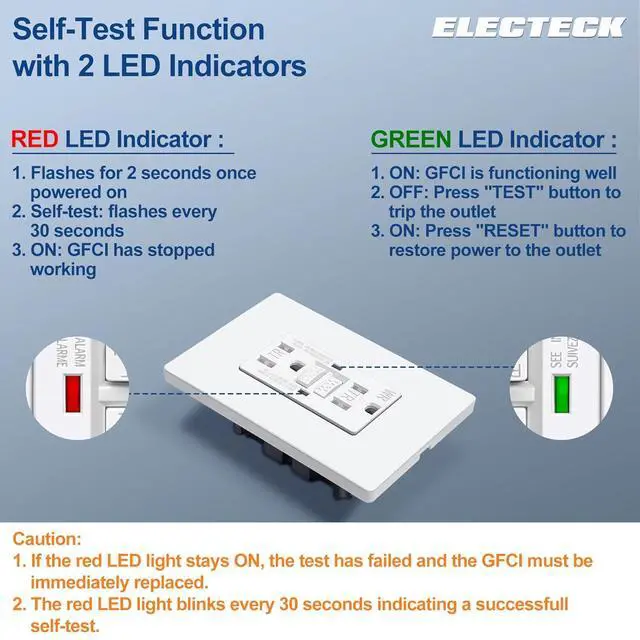 Alt view image 4 of 7 - ELECTECK 10 Pack GFCI Outlets 15 Amp, Outdoor Weather Resistant (WR), Self-Test GFI Receptacles with LED Indicator, Ground Fault Circuit Interrupter, Screwless Wallplate Included, UL Listed, White