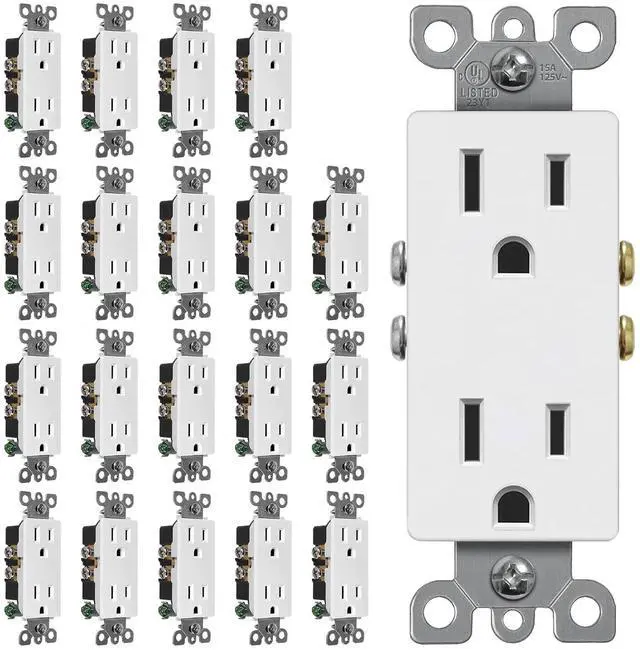 Main image of (20 Pack) CML 15 Amp Decorator Wall Receptacle, Standard Electrical Outlets, 15A 125V, 2 Pole 3 Wire, Non-Tamper-Resistant, UL Listed, White