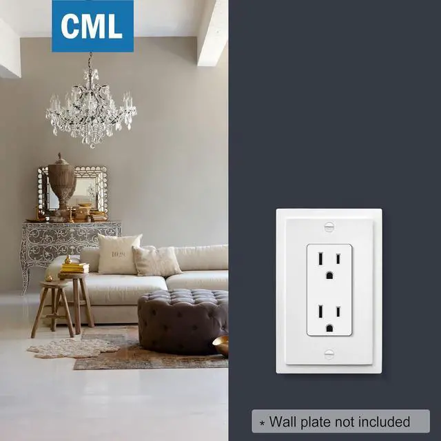Alt view image 5 of 7 - (20 Pack) CML 15 Amp Decorator Wall Receptacle, Standard Electrical Outlets, 15A 125V, 2 Pole 3 Wire, Non-Tamper-Resistant, UL Listed, White