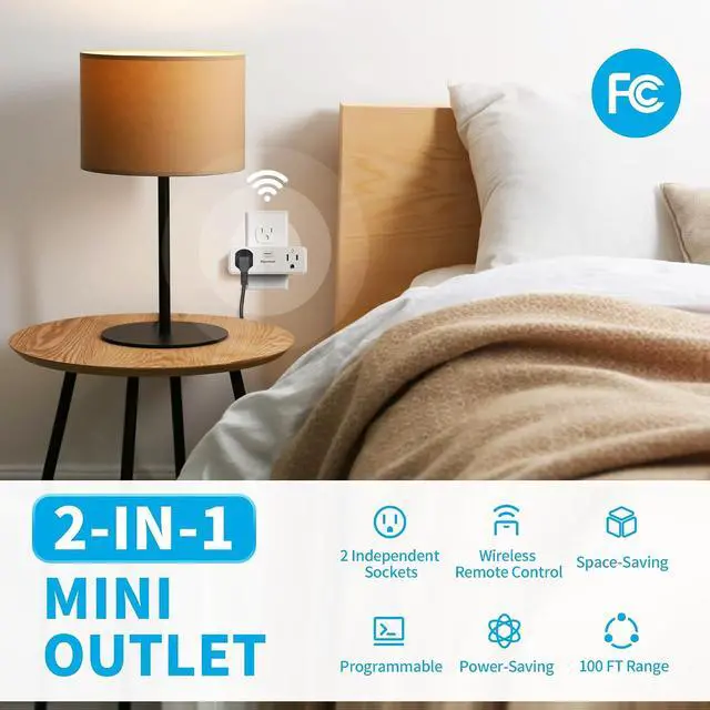 Alt view image 2 of 7 - Remote Control Outlet with 2 Independent Control Sockets, Wireless Remote Light Switch Set, Remote Outlet Plug Up to 100 FT Range, FCC Certified, 15A/1875W, White (2 Outlets + 1 Remote)