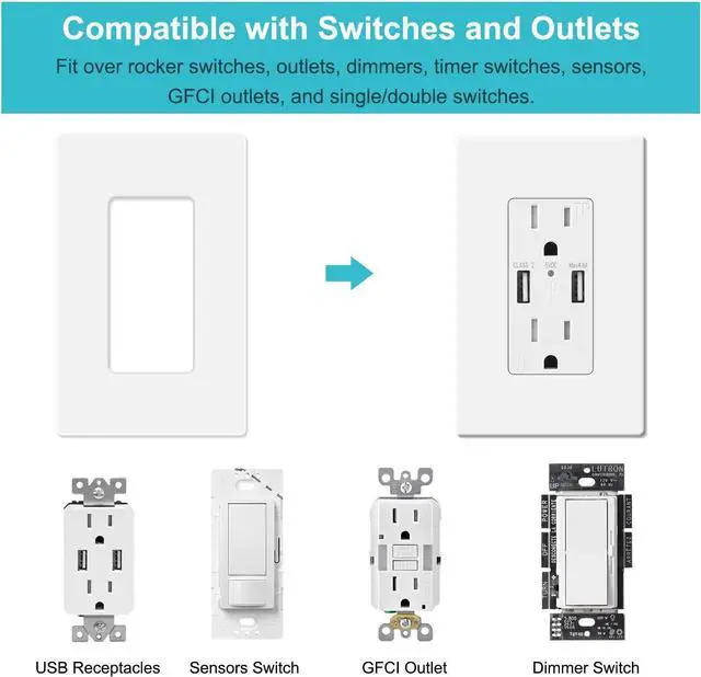 Alt view image 3 of 6 - 20 Pack 1-Gang Screwless Wall Plate, Decora Outlet Cover Plates, 4.57 H x 2.76 L, for Light Switch, Dimmer, GFCI, USB Outlet