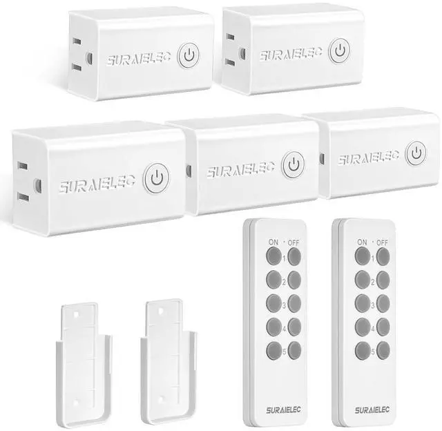 Main image of SURAIELEC Remote Control Outlet, Wireless Remote Light Switch, 100 FT, 15A/1875W, Expandable Indoor Compact Side Outlet Plug for Lamps, Fans, Christmas Trees, Small Appliances, 5 Outlets + 2 Remotes