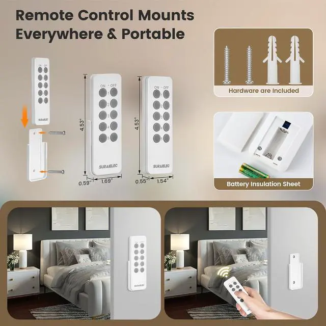 Alt view image 6 of 7 - SURAIELEC Remote Control Outlet, Wireless Remote Light Switch, 100 FT, 15A/1875W, Expandable Indoor Compact Side Outlet Plug for Lamps, Fans, Christmas Trees, Small Appliances, 5 Outlets + 2 Remotes