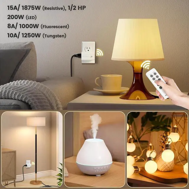 Alt view image 7 of 7 - SURAIELEC Remote Control Outlet, Wireless Remote Light Switch, 100 FT, 15A/1875W, Expandable Indoor Compact Side Outlet Plug for Lamps, Fans, Christmas Trees, Small Appliances, 5 Outlets + 2 Remotes