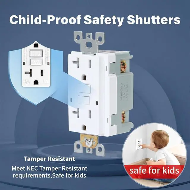 Alt view image 4 of 7 - GFCI Outlet, Weather Proof & Tamper Resistant Outlets, UL Listed Self Test GFI Receptacle, Outdoor or Indoor, 20 Amp, White (5 Pack)
