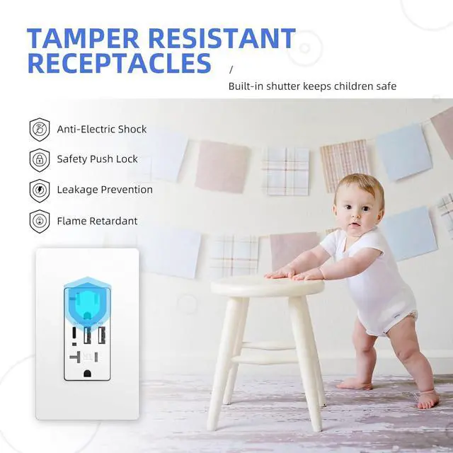 Alt view image 2 of 7 - Wall Outlet with USB Ports, 3-Port USB C Outlet, 30W 6.0A Electrical USB Outlet, 20Amp USB Outlet Receptacle, Tamper Resistant in-Wall Charger, Screwless Outlet Cover, UL Listed, 4-Pack, White