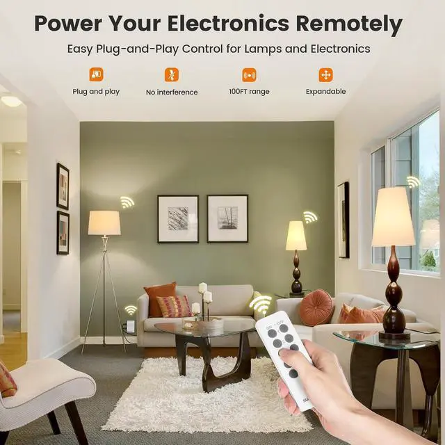 Alt view image 2 of 7 - SURAIELEC Remote Control Outlet, Wireless Remote Light Switch, 100 FT, 15A/1875W, Expandable Indoor Compact Side Outlet Plug for Lamps, Fans, Christmas Trees, Small Appliances, 5 Outlets + 2 Remotes