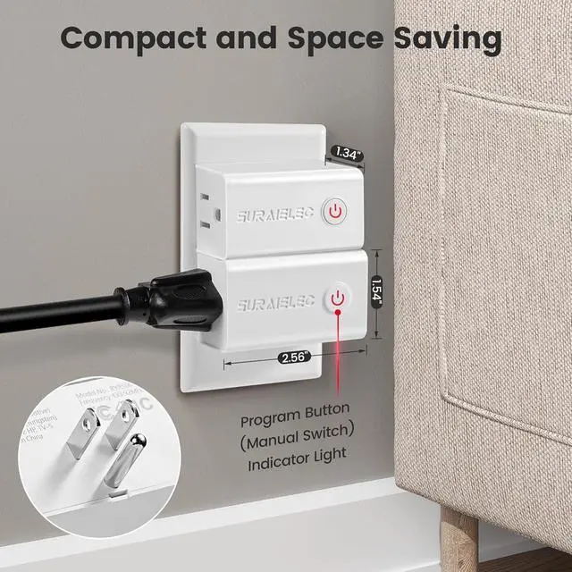 Alt view image 3 of 7 - SURAIELEC Remote Control Outlet, Wireless Remote Light Switch, 100 FT, 15A/1875W, Expandable Indoor Compact Side Outlet Plug for Lamps, Fans, Christmas Trees, Small Appliances, 5 Outlets + 2 Remotes