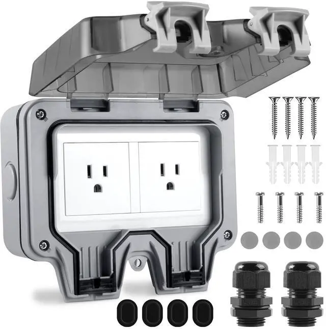 Main image of Outdoor Outlet Box Waterproof,Outdoor Power Outlet Box,Waterproof Ip66 Power Outlet,Outdoor Waterproof Socket,15A 250V Outdoor Plug Socket, in Use Outdoor Outlet Cover (Double Plug Socket)