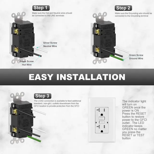 Alt view image 4 of 7 - Micmi GFCI Outlet WR Weather Resistant Outdoor, Tamper Resistant TR Receptacle Self-Test with LED Indicator, 20Amp 125 Volt Screwless Wallplate Included ETL Listed (2Pack, White)