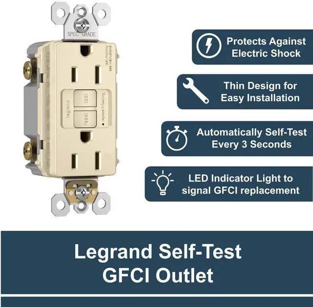 Alt view image 2 of 6 - Legrand radiant 1597LACCD12 15 Amp GFCI Self Test Decorator Duplex Outlet, Light Almond (1 Count)
