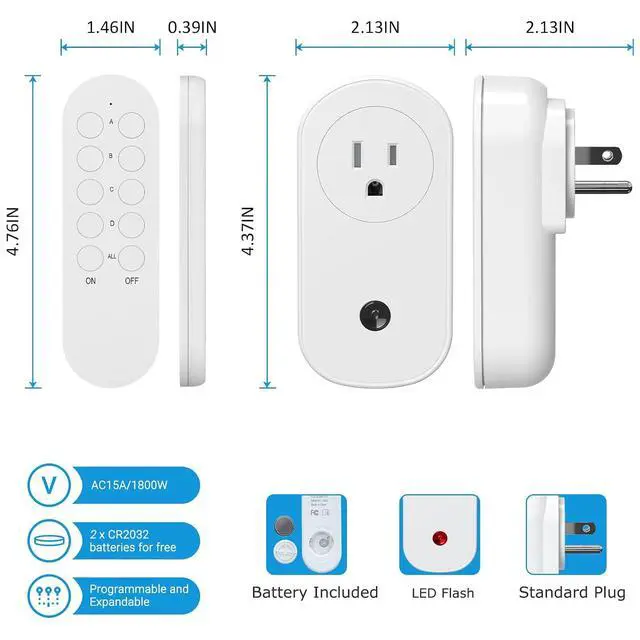 Alt view image 6 of 6 - Remote Control Outlet, 15A Wireless Electrical Outlets Switch Plug for Christmas Lights, 130FT Long Range, Learning Code, FCC & ETL Listed, 3 Outlets + 1 Remote