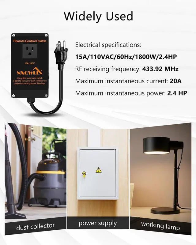 Alt view image 3 of 6 - 110V Wireless Remote Control, Dust Collector Starter Outlet Switch with 6FT Power Cord and Manual Switch, Remote Starter Switch with 2 Keys 50m Remote Control Range