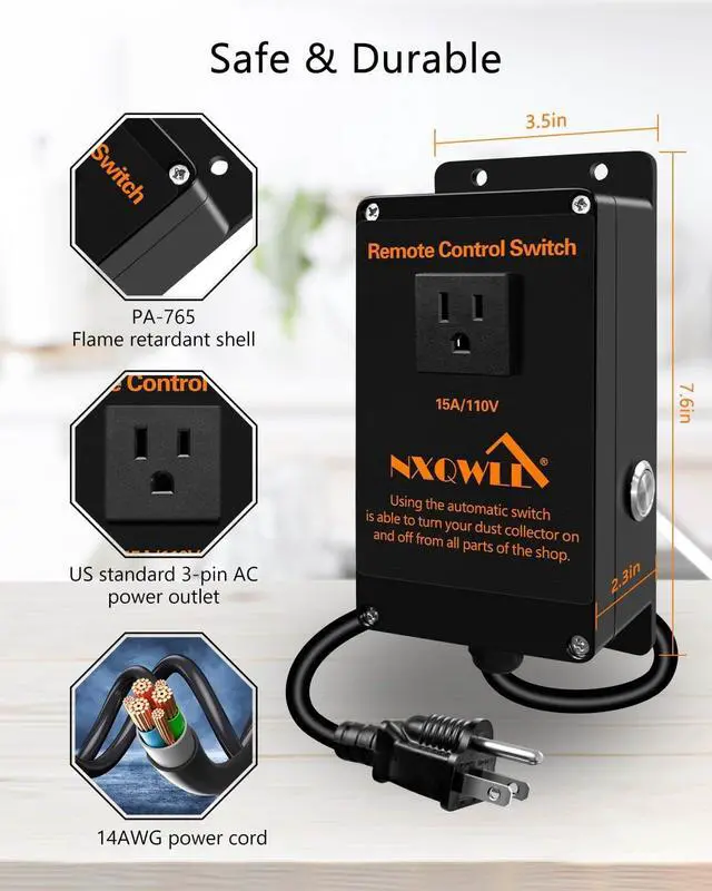 Alt view image 4 of 6 - 110V Wireless Remote Control, Dust Collector Starter Outlet Switch with 6FT Power Cord and Manual Switch, Remote Starter Switch with 2 Keys 50m Remote Control Range