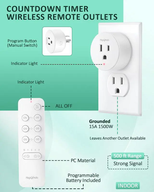 Alt view image 7 of 7 - Remote Control Outlet Plug with Countdown Function, 15A/1500W, 500 Feet RF Range Wireless Light Switch, No Wiring Needed Remote Outlet for Small Electrical Appliance,3 Outlets & 1 Remote
