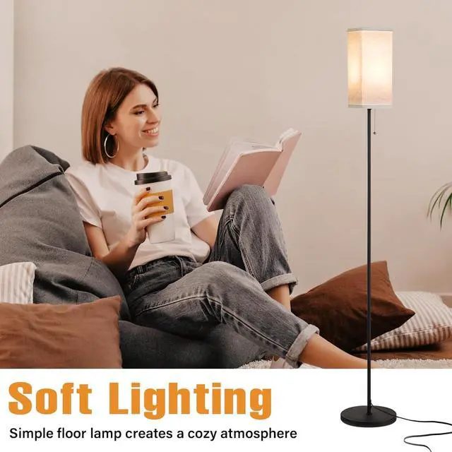 Alt view image 3 of 7 - Floor Lamps for Living Room, Modern Standing Lamp with Pull Chain Switch, 3 Color Temperature Black Pole Lamp with Lampshade, 9W LED Bulb Tall Lamps for Bedroom Office Kid Room